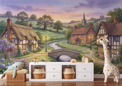 English Countryside Wallpaper Storybook Village Stone Bridge Wall Mural