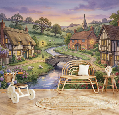 English Countryside Wallpaper Storybook Village Stone Bridge Wall Mural