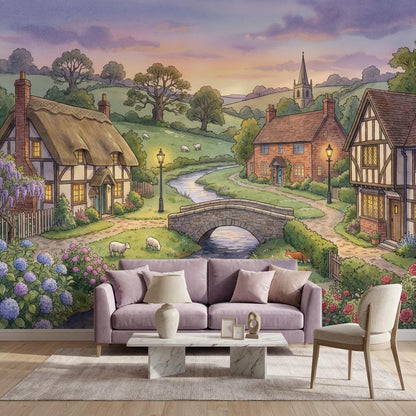 English Countryside Wallpaper Storybook Village Stone Bridge Wall Mural