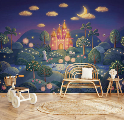 Fairytale Castle Wallpaper Crescent Moon Storybook Illustration Wall Mural