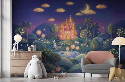 Fairytale Castle Wallpaper Crescent Moon Storybook Illustration Wall Mural