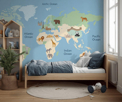 World Map Wallpaper Kids Educational Wall Mural