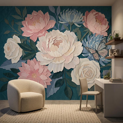 Wrinkled Paper Wallpaper Floral Butterfly Wall Mural