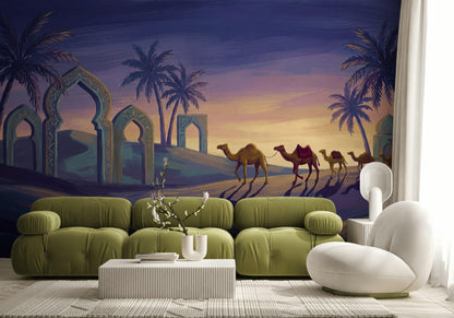 Dark Desert Sunset Wallpaper Camel Caravan Islamic Arches Wall Mural