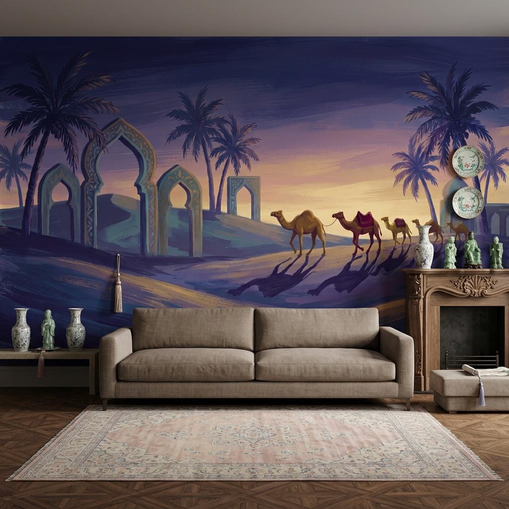 Dark Desert Sunset Wallpaper Camel Caravan Islamic Arches Wall Mural