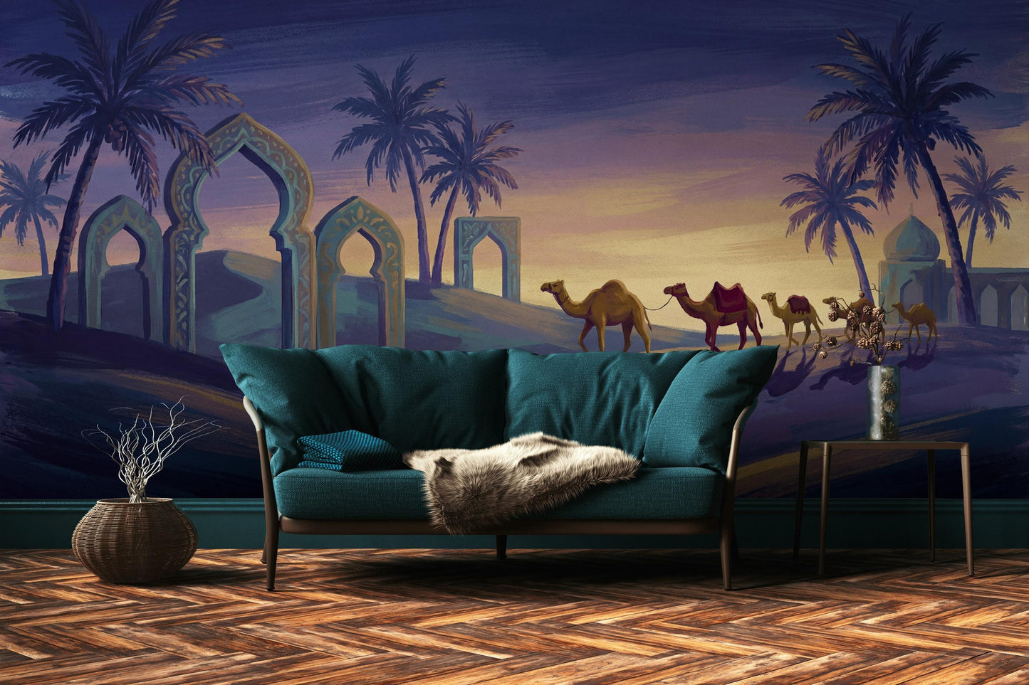 Dark Desert Sunset Wallpaper Camel Caravan Islamic Arches Wall Mural
