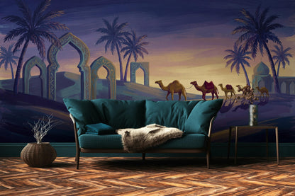 Dark Desert Sunset Wallpaper Camel Caravan Islamic Arches Wall Mural