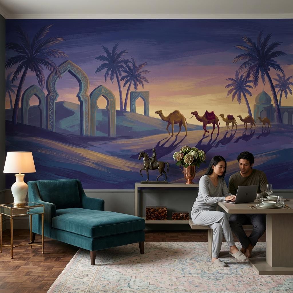 Dark Desert Sunset Wallpaper Camel Caravan Islamic Arches Wall Mural