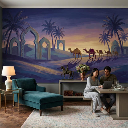 Dark Desert Sunset Wallpaper Camel Caravan Islamic Arches Wall Mural