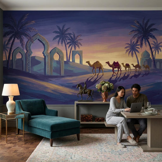 Dark Desert Sunset Wallpaper Camel Caravan Islamic Arches Wall Mural