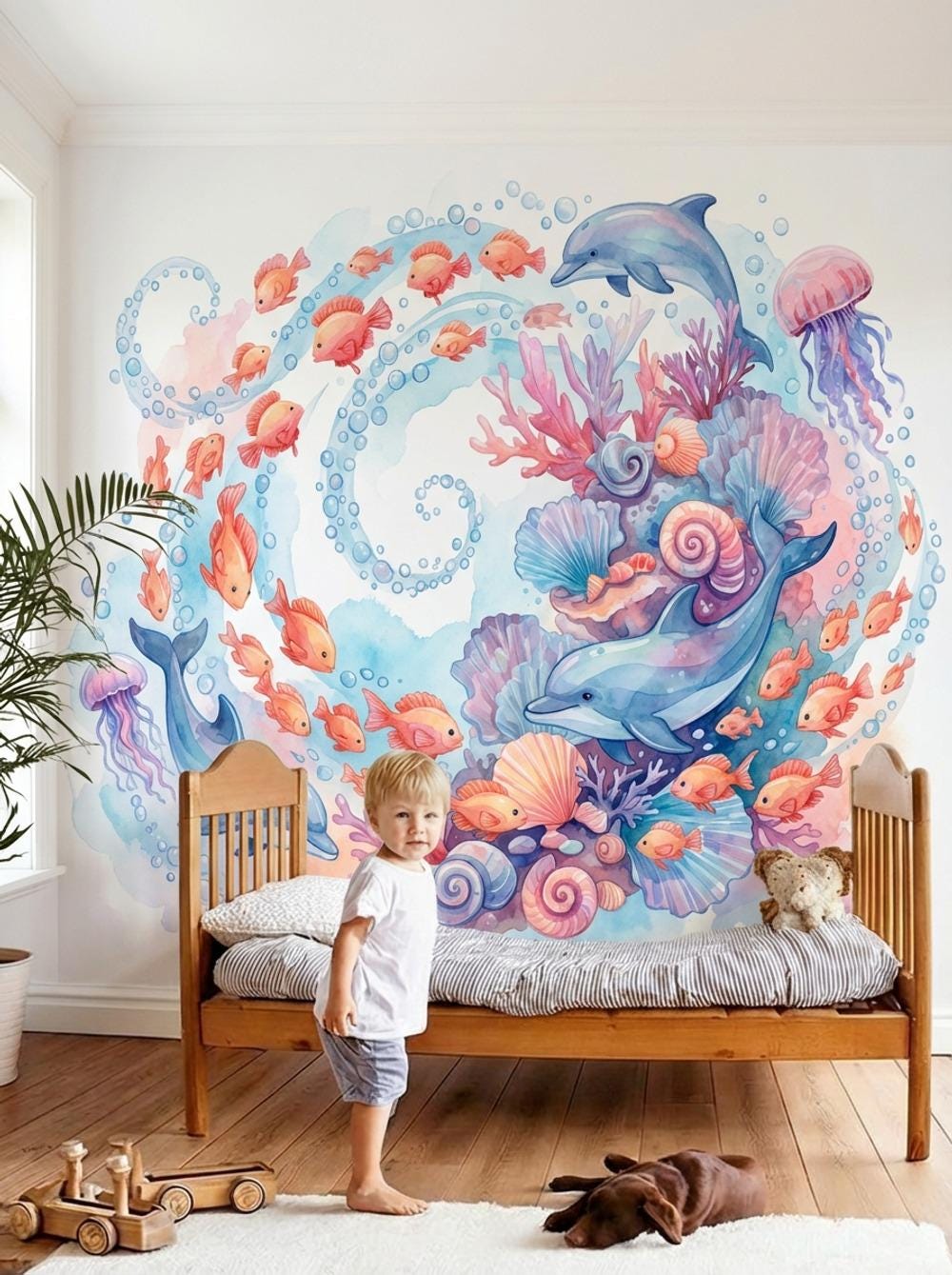 Underwater Wallpaper Dolphins Watercolor Wall Mural
