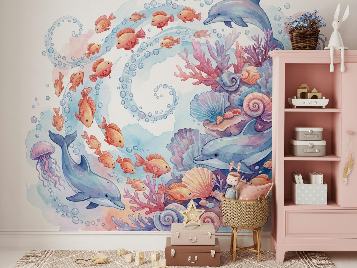 Underwater Wallpaper Dolphins Watercolor Wall Mural