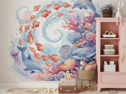Underwater Wallpaper Dolphins Watercolor Wall Mural