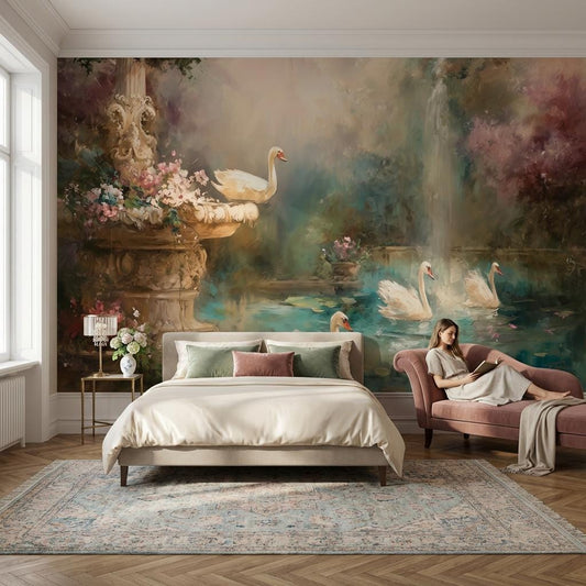 Garden Pond Wallpaper Swans Ornate Stone Fountain Wall Mural