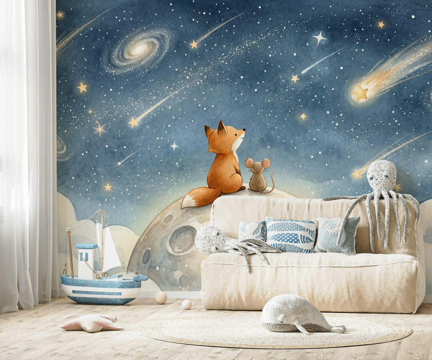 Dark Night Sky Wallpaper Celestial Landscape Watercolor Wall Mural