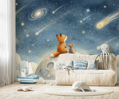 Dark Night Sky Wallpaper Celestial Landscape Watercolor Wall Mural