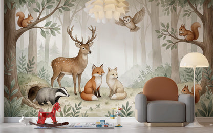 Misty Forest Wallpaper Woodland Animals Watercolor Wall Mural