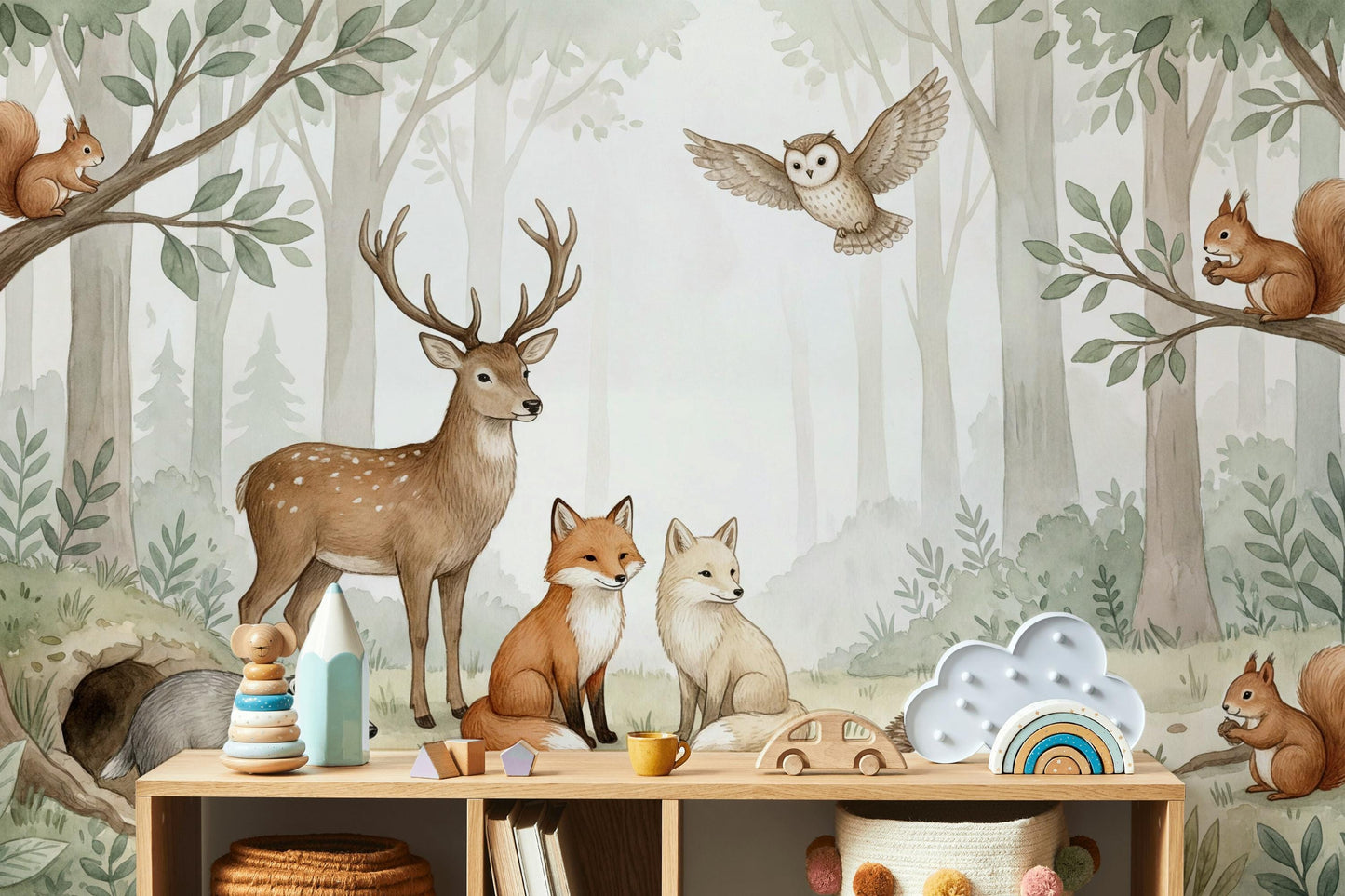 Misty Forest Wallpaper Woodland Animals Watercolor Wall Mural