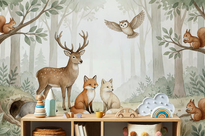 Misty Forest Wallpaper Woodland Animals Watercolor Wall Mural