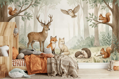 Misty Forest Wallpaper Woodland Animals Watercolor Wall Mural