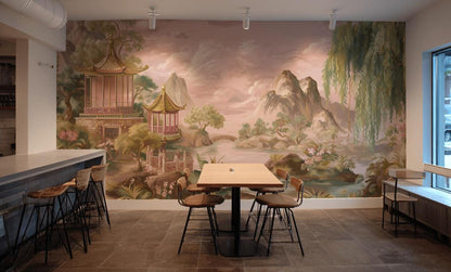Chinoiserie Landscape Wallpaper Pagoda Pavilion Weeping Willow Wall Mural