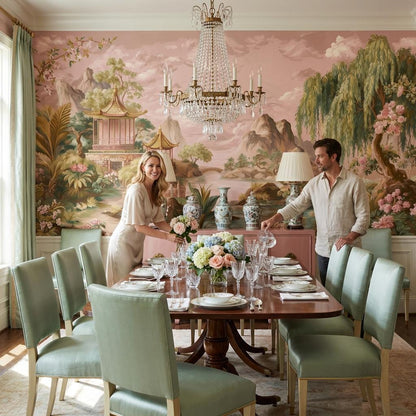 Chinoiserie Landscape Wallpaper Pagoda Pavilion Weeping Willow Wall Mural