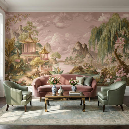 Chinoiserie Landscape Wallpaper Pagoda Pavilion Weeping Willow Wall Mural