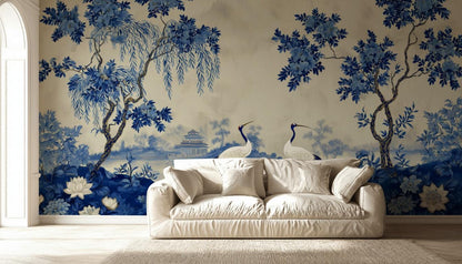 Chinoiserie Wallpaper Blue And White Cranes Wall Mural