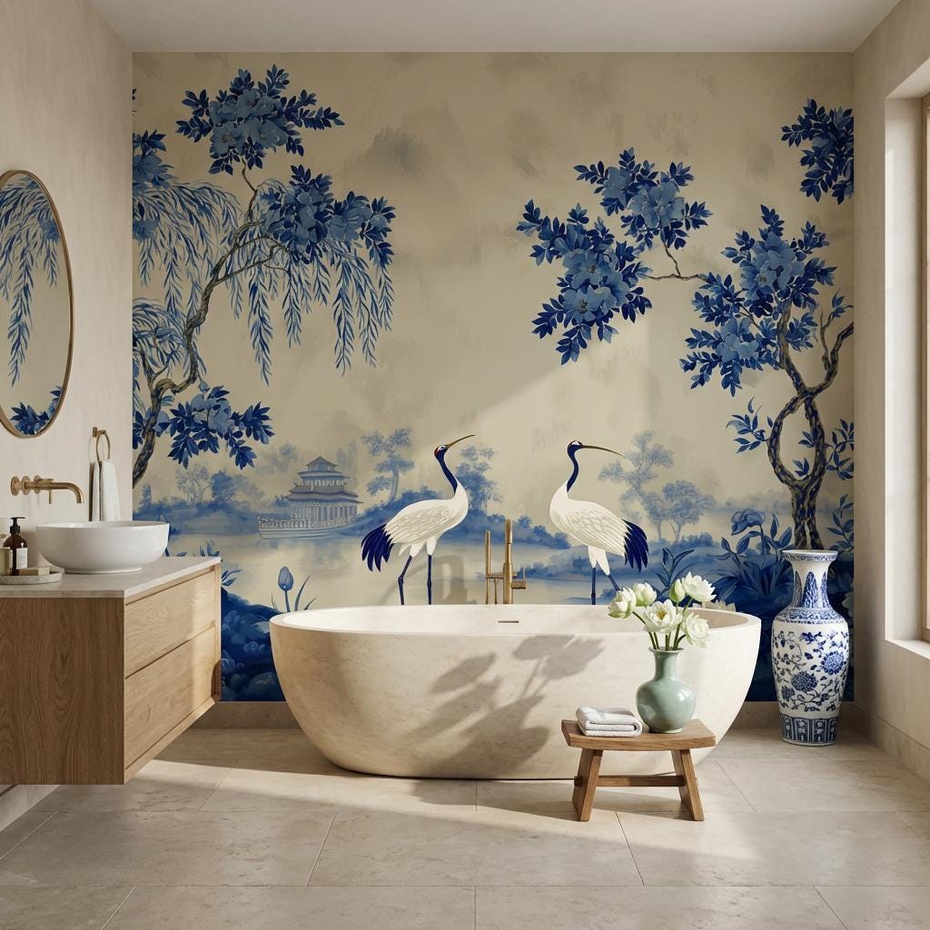 Chinoiserie Wallpaper Blue And White Cranes Wall Mural