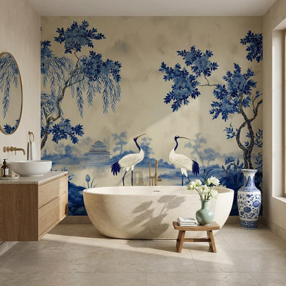 Chinoiserie Wallpaper Blue And White Cranes Wall Mural