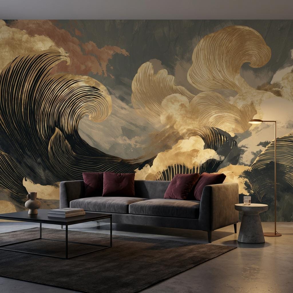 Abstract Ocean Waves Wallpaper Black And Gold Japanese Inspired Wall Mural