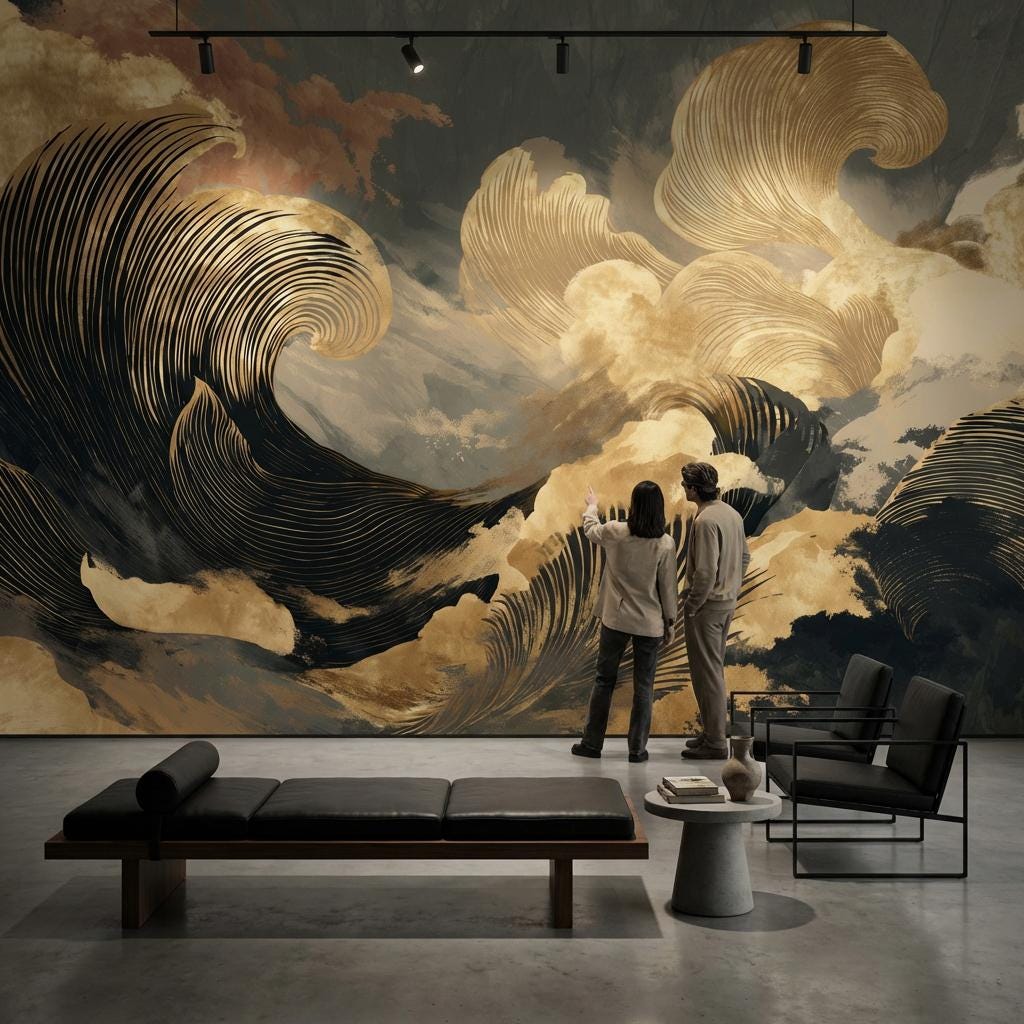 Abstract Ocean Waves Wallpaper Black And Gold Japanese Inspired Wall Mural