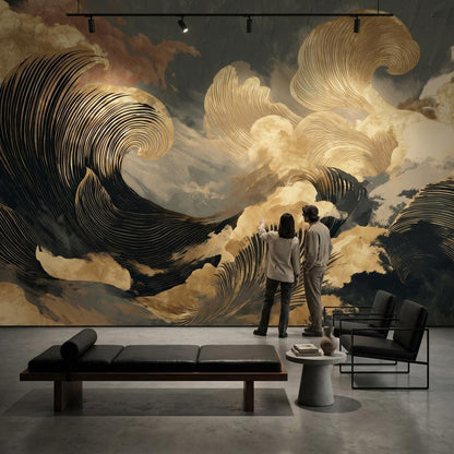 Abstract Ocean Waves Wallpaper Black And Gold Japanese Inspired Wall Mural