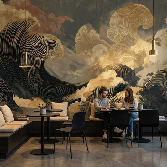 Abstract Ocean Waves Wallpaper Black And Gold Japanese Inspired Wall Mural