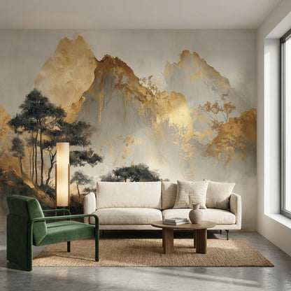 Misty Mountain Landscape Wallpaper Golden Ochre Peaks Watercolor Wash Wall Mural