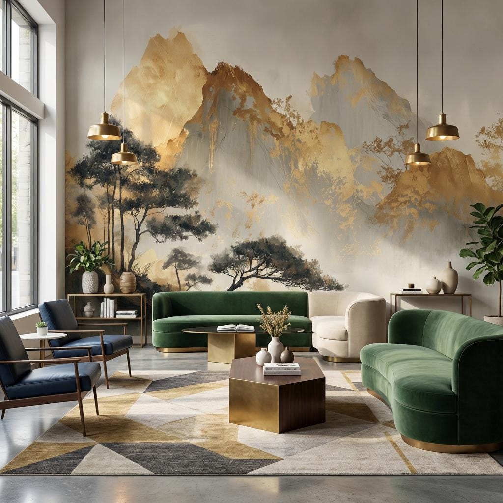 Misty Mountain Landscape Wallpaper Golden Ochre Peaks Watercolor Wash Wall Mural