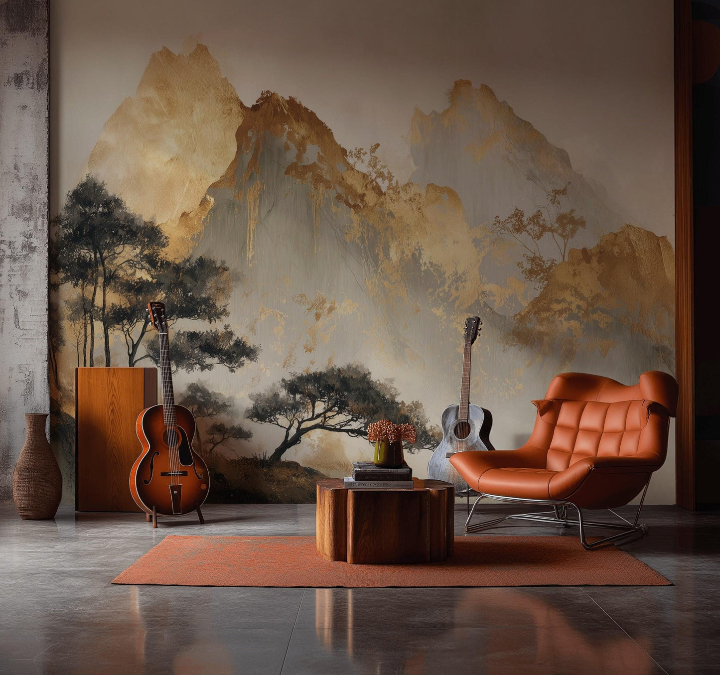Misty Mountain Landscape Wallpaper Golden Ochre Peaks Watercolor Wash Wall Mural