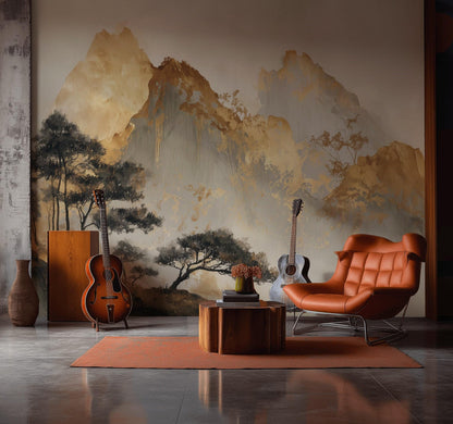 Misty Mountain Landscape Wallpaper Golden Ochre Peaks Watercolor Wash Wall Mural