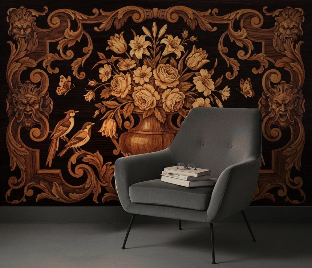 Wood Inlay Wallpaper Ornate Baroque Scrollwork Floral Bouquet In Urn Wall Mural