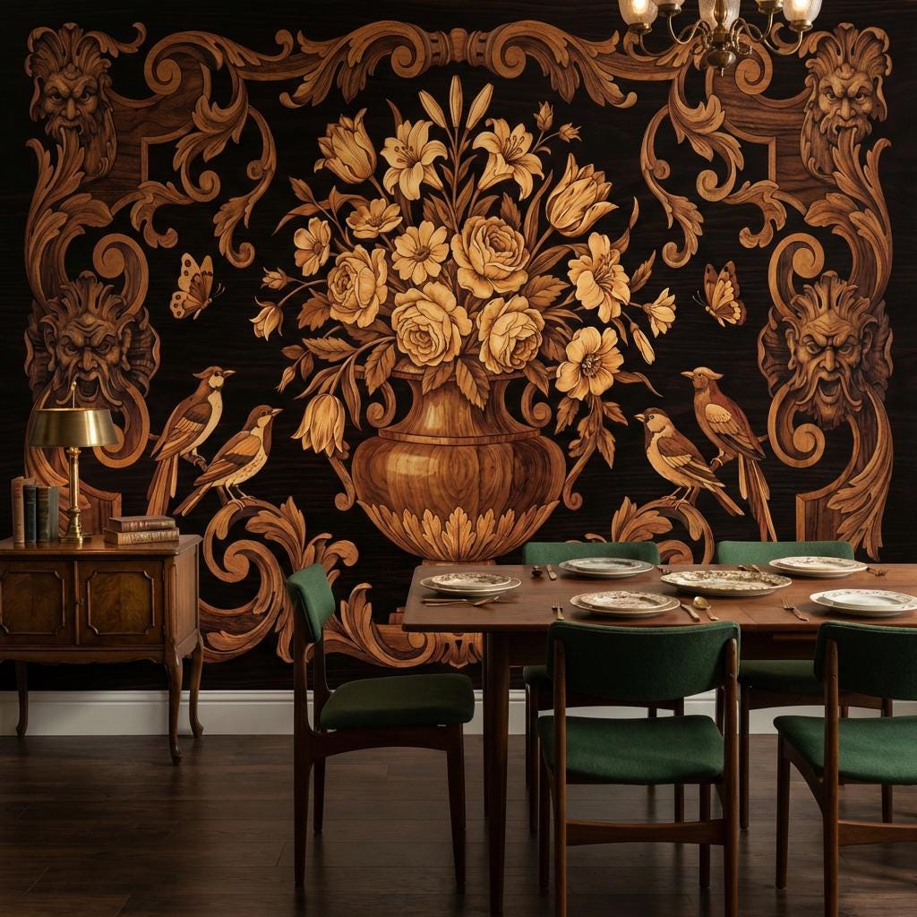 Wood Inlay Wallpaper Ornate Baroque Scrollwork Floral Bouquet In Urn Wall Mural