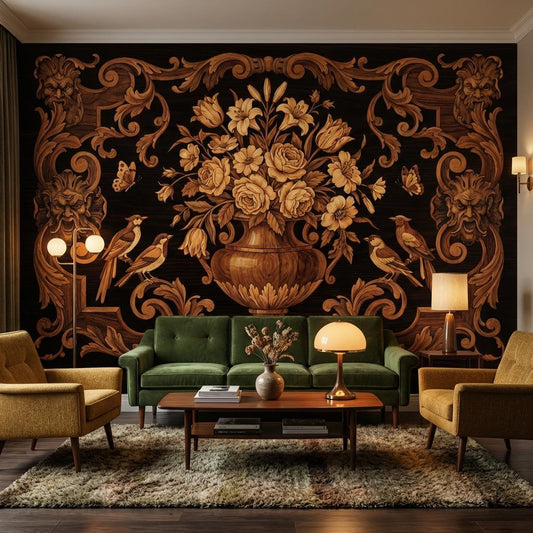 Wood Inlay Wallpaper Ornate Baroque Scrollwork Floral Bouquet In Urn Wall Mural