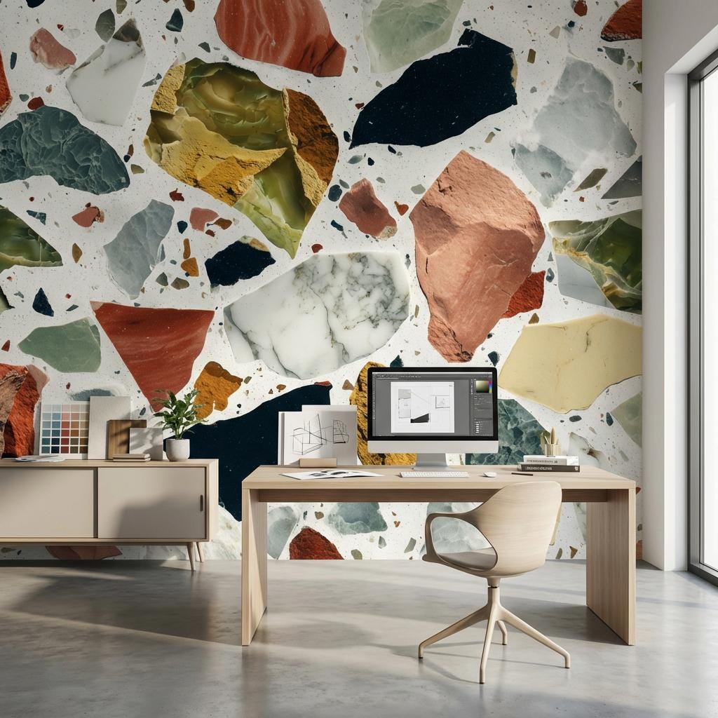 White Background Wallpaper Neutral Terrazzo Wall Mural