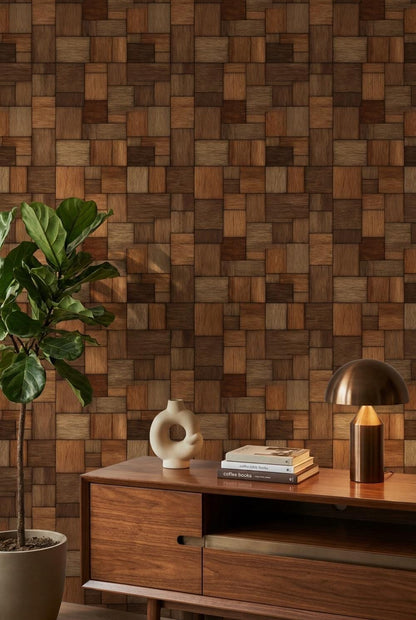 Geometric Patchwork Wallpaper Parquet Dark Wood Wall Mural