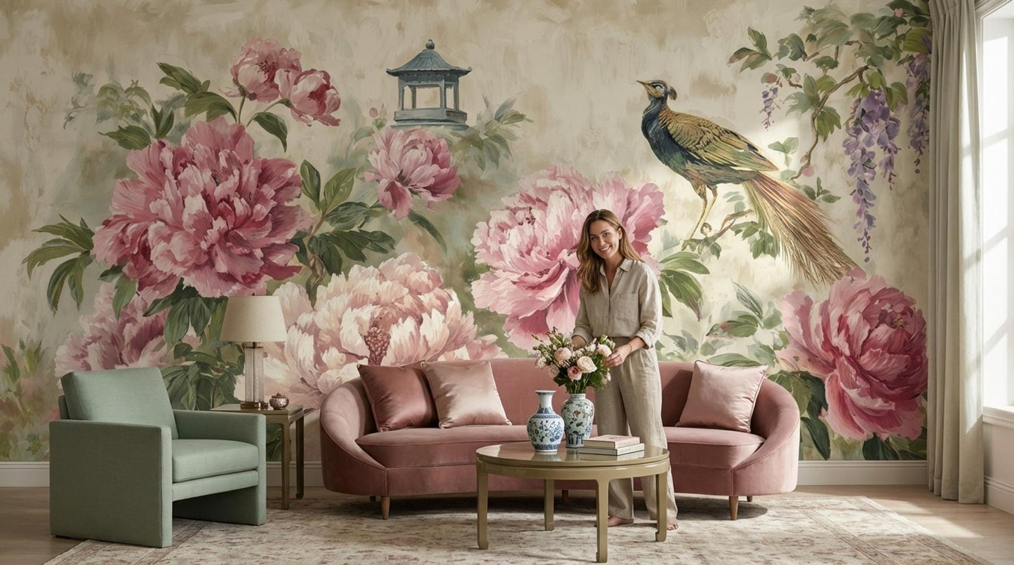Peony Blossoms Wallpaper Oriental Garden Bird Wall Mural