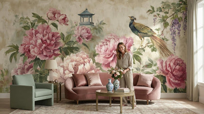 Peony Blossoms Wallpaper Oriental Garden Bird Wall Mural