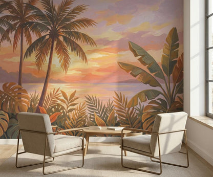 Tropical Sunset Wallpaper Palm Trees Coastal Landscape Wall Mural