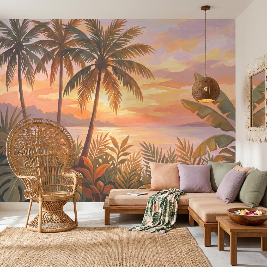Tropical Sunset Wallpaper Palm Trees Coastal Landscape Wall Mural