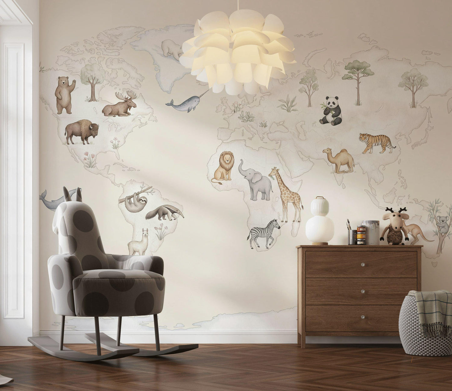 World Map Wallpaper with Animals for Kids Room (Peel & Stick)