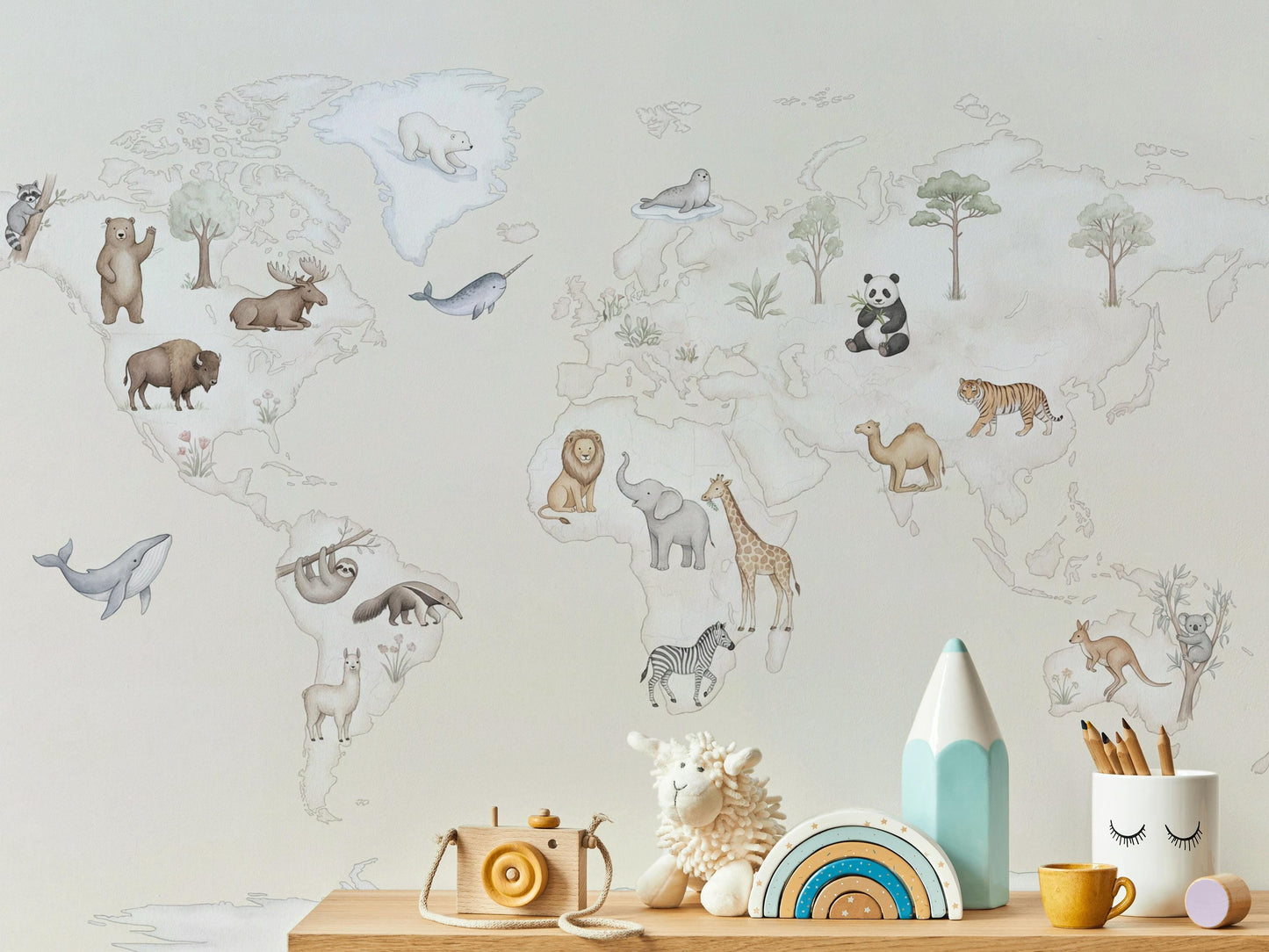 World Map Wallpaper with Animals for Kids Room (Peel & Stick)