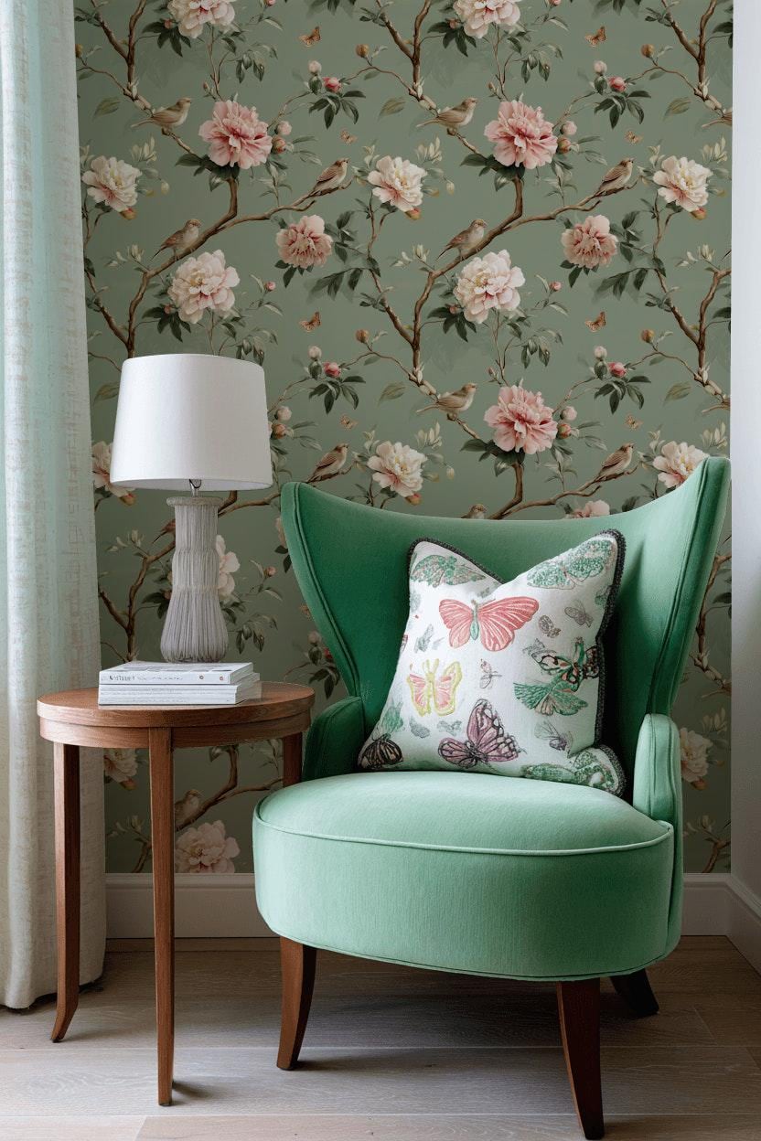 Vintage Floral Wallpaper Peony Blossoms Sage Green Background Wall Mural